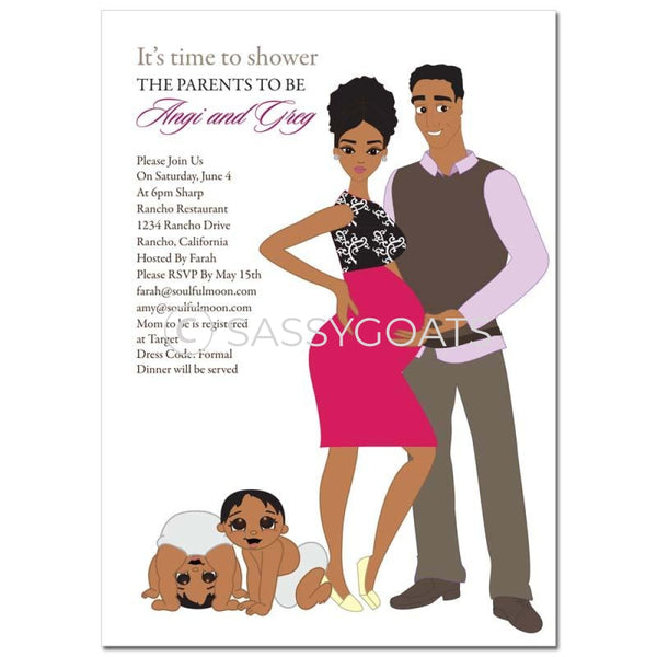 African American Couple Baby Shower Invitation - Glam Couples Twins