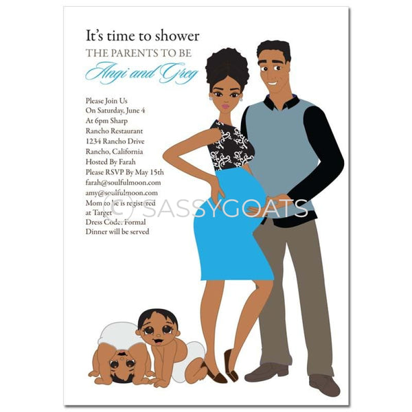 African American Couple Baby Shower Invitation - Glam Couples Twins