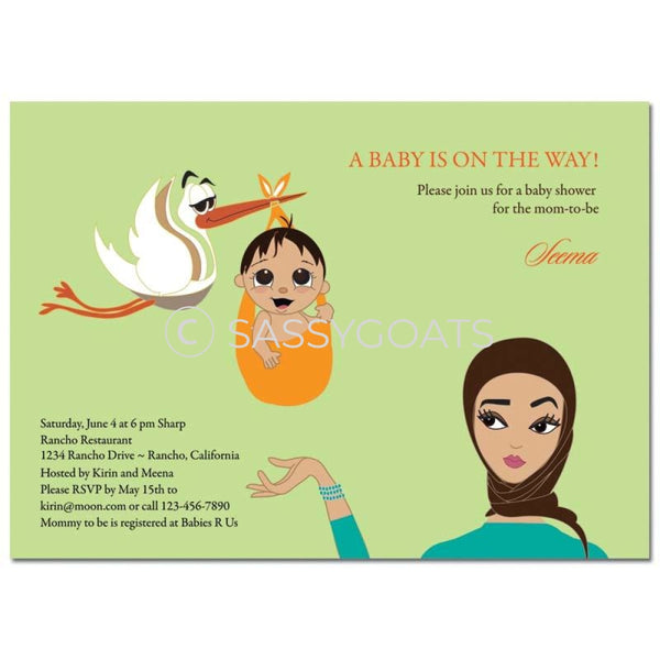 Baby Shower Invitation - Stork Mommy Headscarf Hijab
