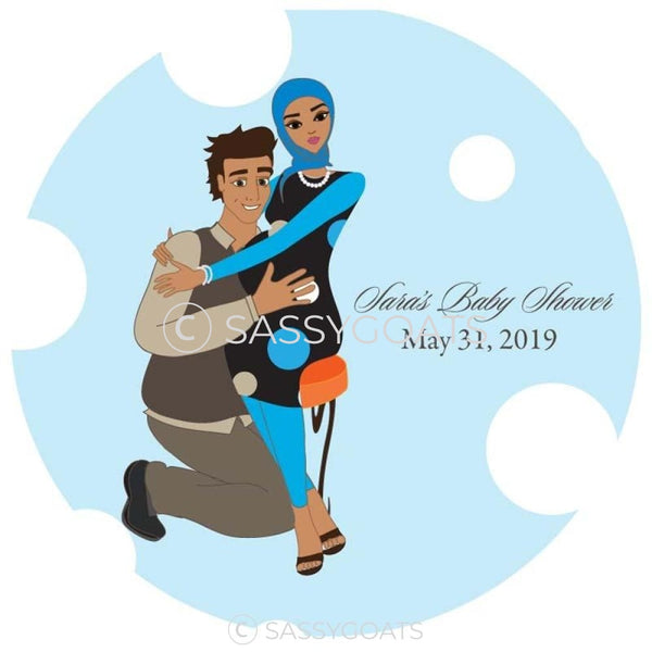 Baby Shower Party And Gift Stickers - Couple Hugs Headscarf Hijab