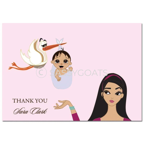 Baby Shower Thank You Card - Stork Mommy Brunette