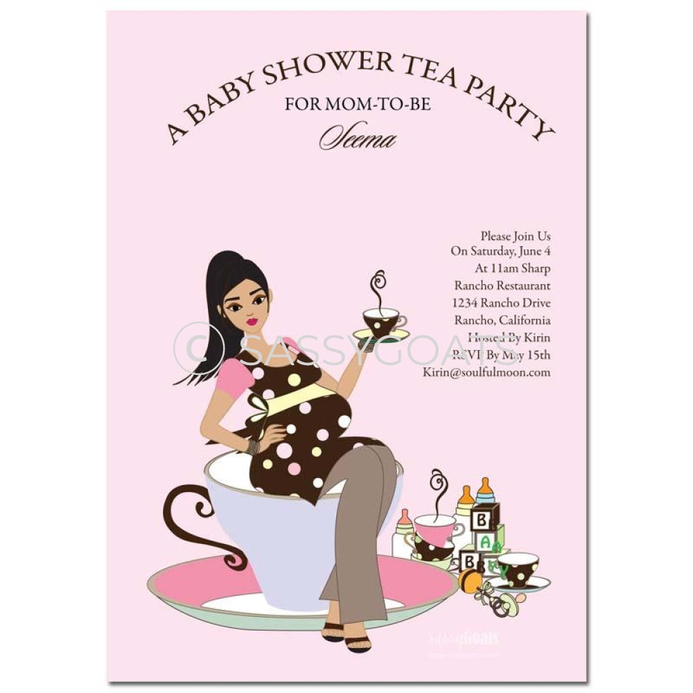 Online Invitation - Brunette Baby Shower Digital Teacup Mommy
